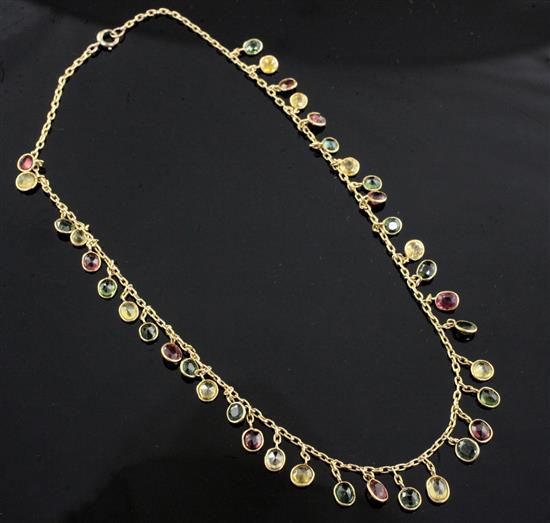 An early-mid 20th century gold and multi-coloured tourmaline drop fringe necklace, 38cm.